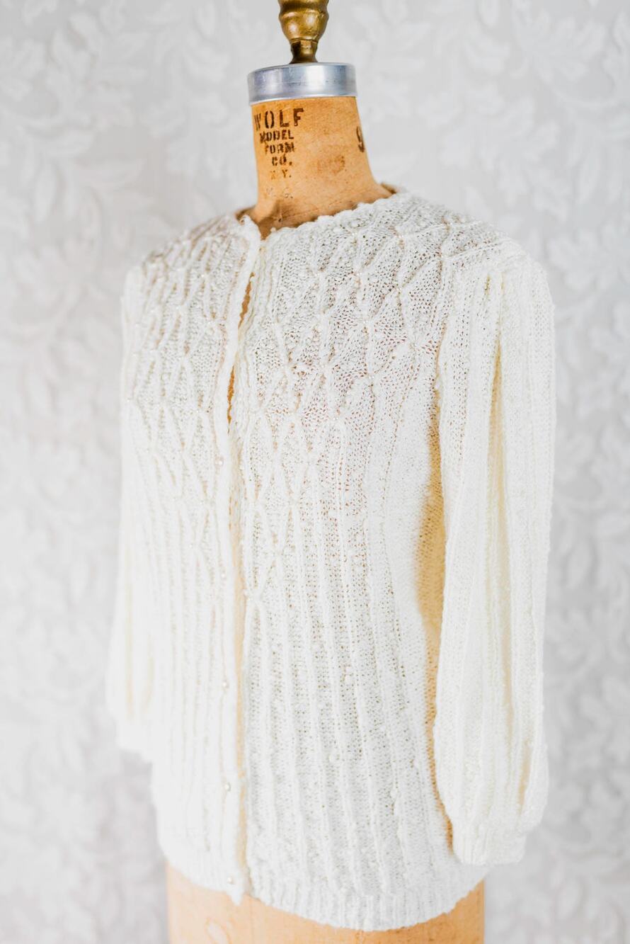 Vintage 90s Bouclé Knit Sweater Cardigan W/ Pearls, Silky White Button Down, Med
